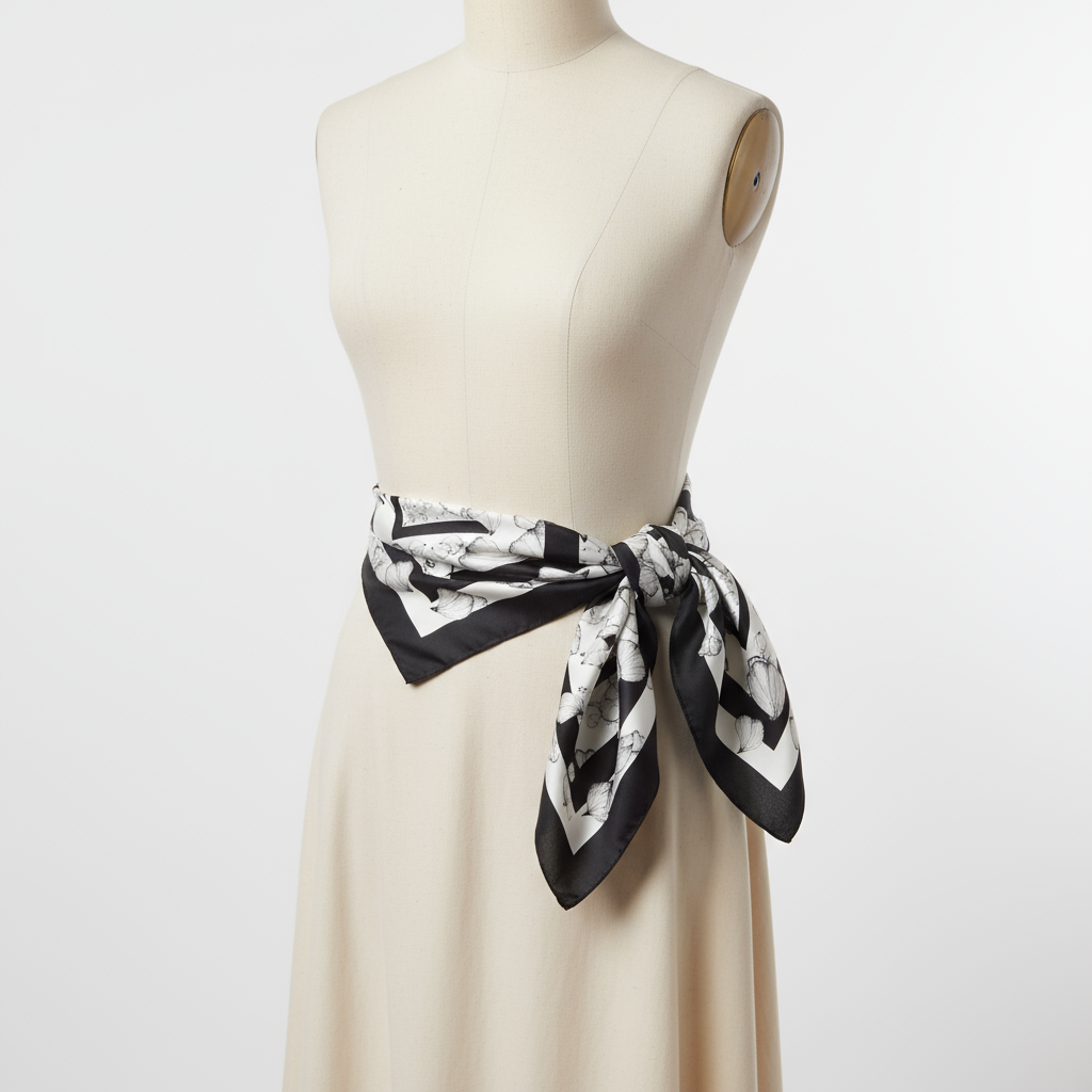 Flora silk scarf tied around hip of dress form