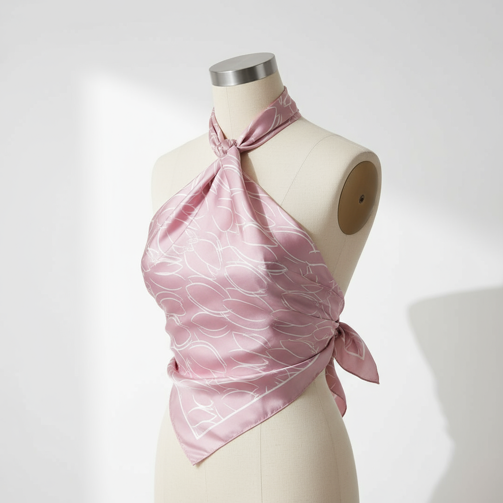 Poui silk scarf tied as a top on form
